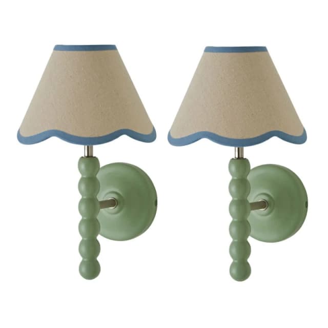 ValueLights Bobbins Pair of Green Wall Lights & Linen Trim Lamp Shades & Bulbs in Pale Blue Pale Blue Unisex
