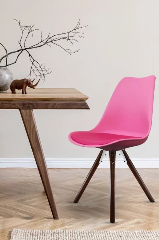 Fusion Living Soho Plastic Dining Chair with Pyramid Dark Wood Legs Bright Pink