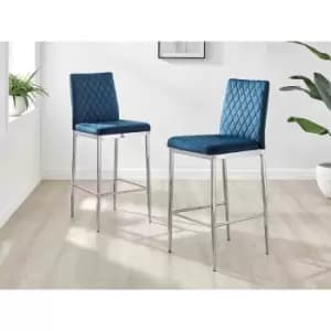 Furniture Box 2X Milan Kitchen Bar Stools Navy Blue Velvet Silver Legs