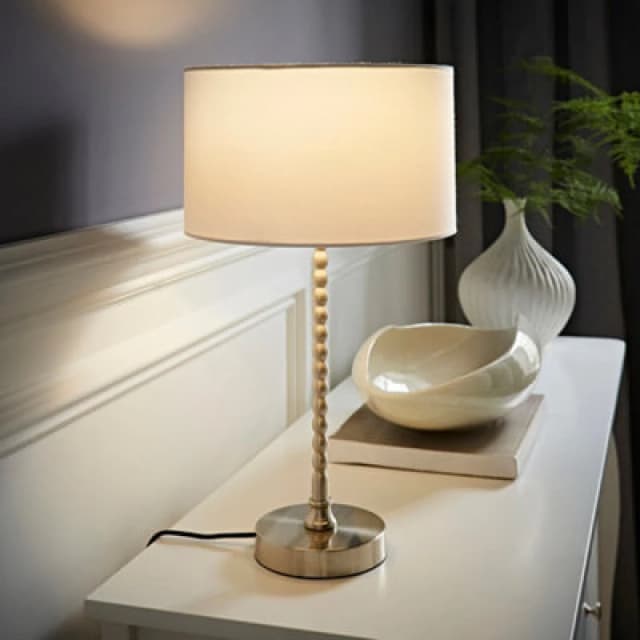 ValueLights ValueLights Maeve Fabric Drum Lamp Shade Brushed Chrome Bobbin Bobble Table Lamp with Bulb in White White One Size Unisex 5059406067167