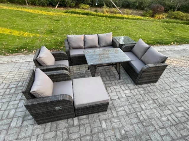 Fimous 8 Seater High Back PE Rattan Sofa Set Outdoor Garden Furniture Dining Table Set With Reclining Chair 3 Seater Sofa Dark Grey unisex