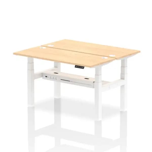 Air Air Back-to-Back 1400 x 600mm Height Adjustable 2 Person Bench Desk Maple Top with Cable Ports White Frame HASCP2P14600MPEW