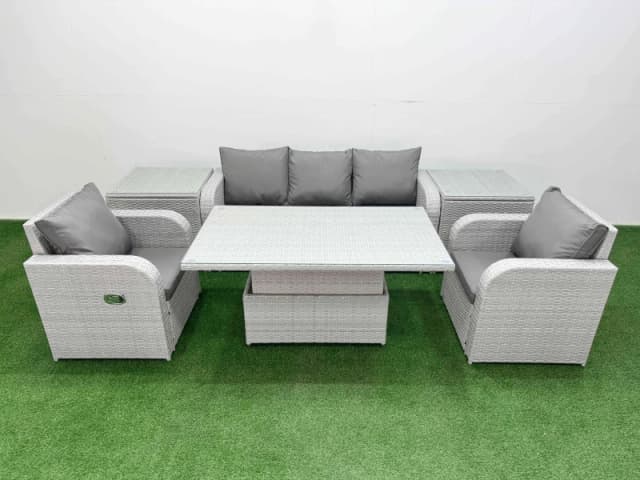 Fimous PE Rattan Garden Furniture Set Reclining Chair Sofa Lounge Sofa Set Adjustable Lifting Dining or Coffee Table 2 Side Table Light Grey Light Gre