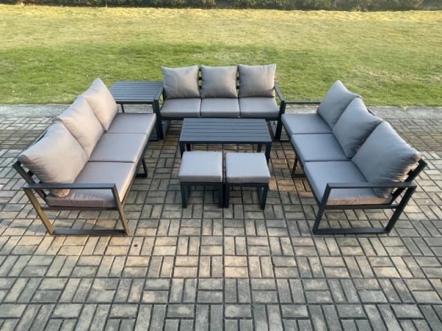 Fimous Aluminium 11 Seater Outdoor Garden Furniture Set Lounge Sofa Oblong Coffee Table 2 Small Footstools Side Table Sets with Cushions Dark Grey Dar
