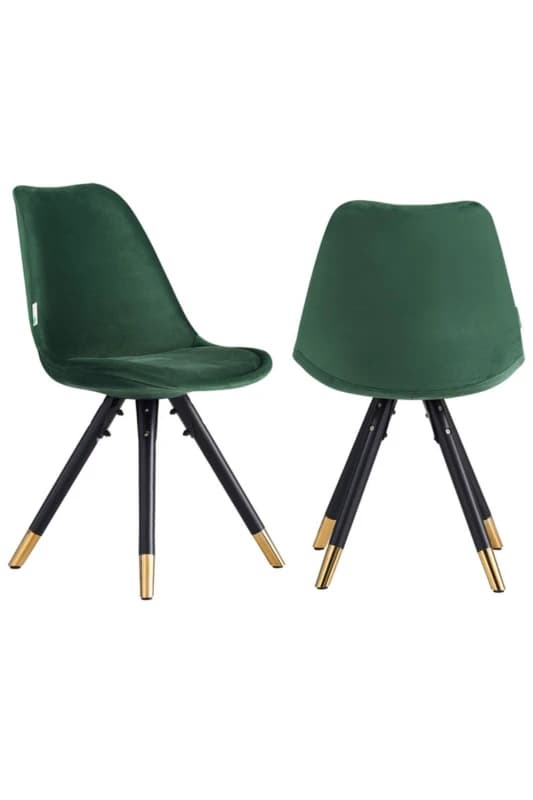 Life Interiors Life Interiors Set of 2 Sofia Ergonomic Modern Dining Chairs Upholstered in Velvet, Metal Legs with Gold End Caps in Green Green One Si