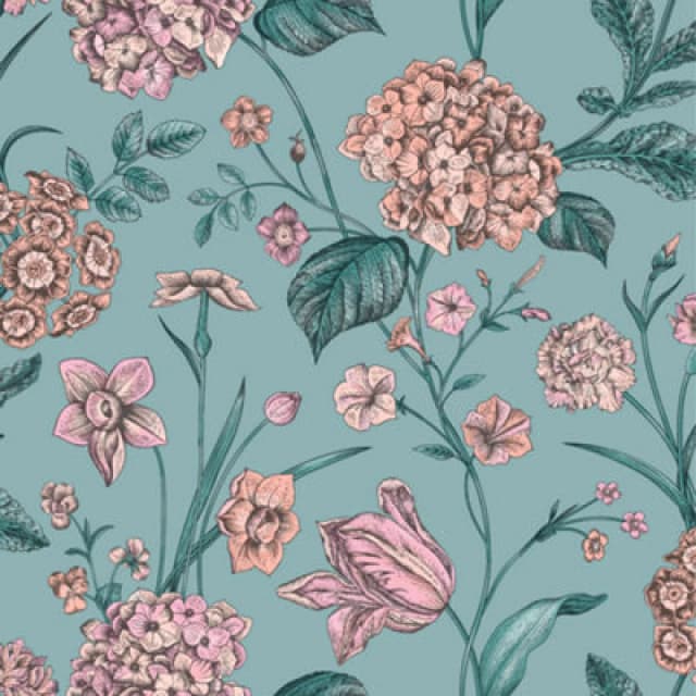 Rasch Hydrangea Floral Tulips Wildflower Flowers Botanical Leaves Leaf Wallpaper Teal