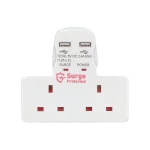 Status 2 Way Plug In Socket Power Adapter with Surge Protection Plus 2x USB Outputs UK Plug