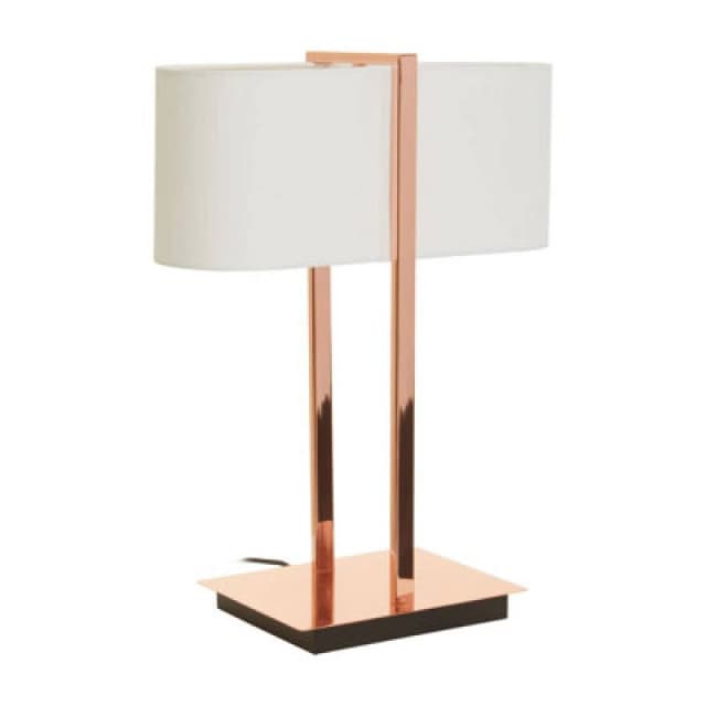 Orsina Copper Finish Table Lamp, White Linen Shade Contemporary Table Light, Minimal Lighting With Square Base