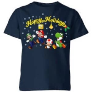 Nintendo Super Mario Good Guys Happy Holidays Kid's Christmas T-Shirt - Navy - 11-12 Years