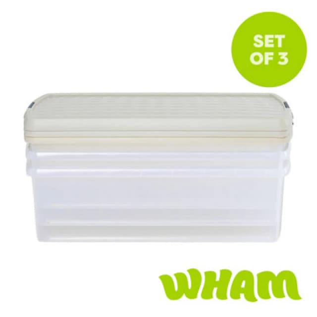 Wham Clip 3X 30L Rectangular Plastic Storage Boxes With Clip Lock Lids. Ideal For Home, Office, Toys & More - Clear/stone