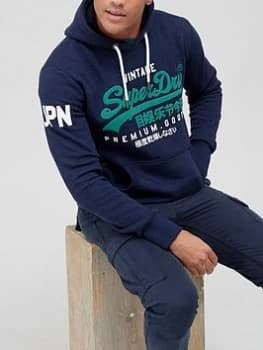 Superdry Vintage Label Overhead Hoodie - Navy Blue, Navy Blue, Size 2XL, Men