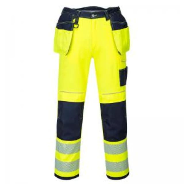 Portwest PW3 Hi Vis Holster Pocket Work Trousers T501YNS32 Colour: Yellow / Navy