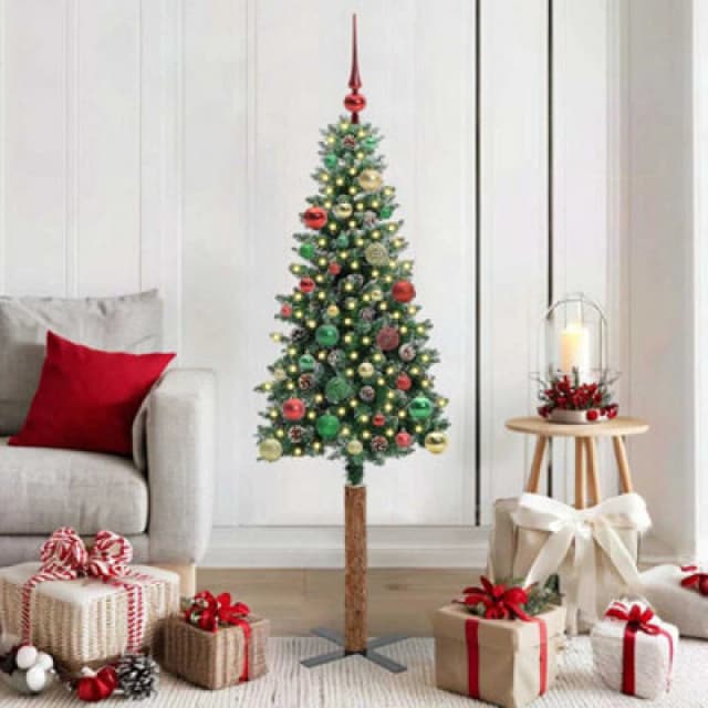 vidaXL Slim Christmas Tree with 150 LEDs, Multicolour Balls Green and White 150 cm, Green 3394894