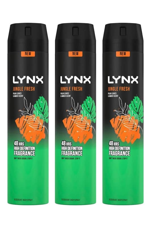 Lynx XXL 'Body Spray' Jungle Fresh Deodorant 250ml 3 Pack Green male