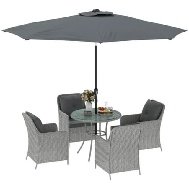 Outsunny Luxury Rattan Garden Dining Set W/ Parasol, Cushions, Light Grey 861-086V70LG