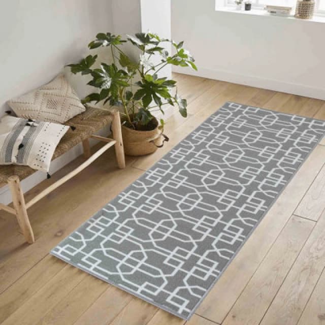Machine Washable Cubed Trellis Design Anti Slip Doormats Grey Cream 67X220 Cm