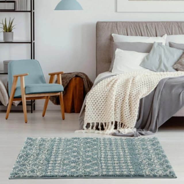 The Rugs Moroccan Duck Egg Blue Shaggy Living Room Rug 1050