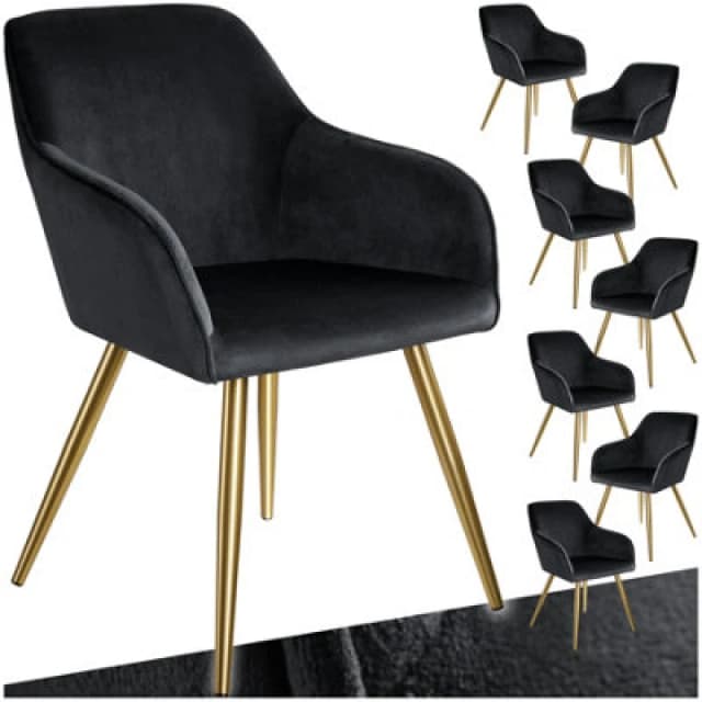 Tectake Set Of 8 Chair Marilyn With Velvet Cover, Gold Steel Legs And Plush Padding - Black/gold