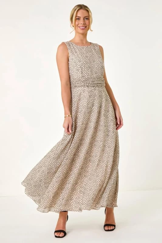 Roman Womens Petite Spot Print Ruched Waist Midi Dress in Ivory Size: 14 Ivory Female 14