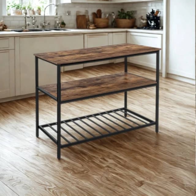 Pirlo Plush Industrial 3 Tier Kitchen Storage Island with Shelves Rustic in Brown Brown Unisex