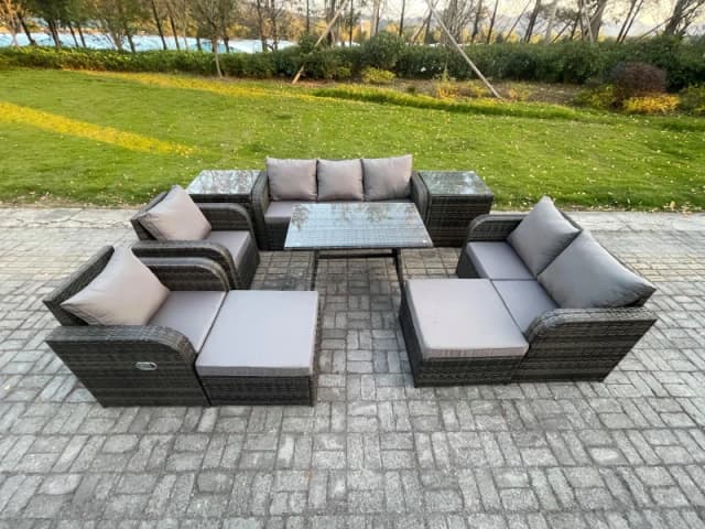 Fimous Outdoor Rattan Garden Furniture Set 9 Seater Patio Lounge Sofa Set with Dining Table 2 Big Footstool 2 Side Tables Dark Grey Mixed Dark Grey