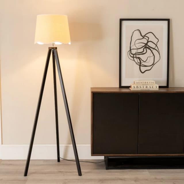 ValueLights Barbro Black Wood Tripod Floor Lamp with Linen Scallop Edge Shade and LED Bulb White