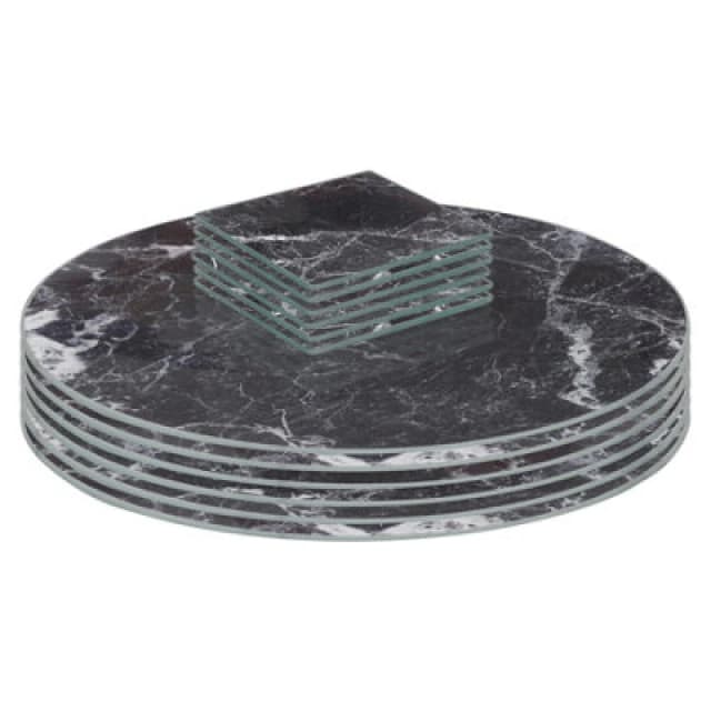 Harbour Housewares 12Pc Round Glass Placemats & Square Coasters - 30Cm Black Marble Dining Table Protection Place Mats Coasters