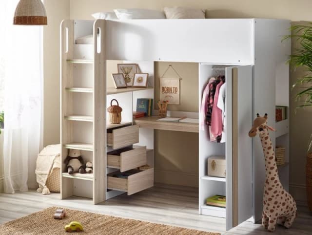 Julian Bowen Ocean 3ft Single White and Light Oak Wooden High Sleeper Bed Frame