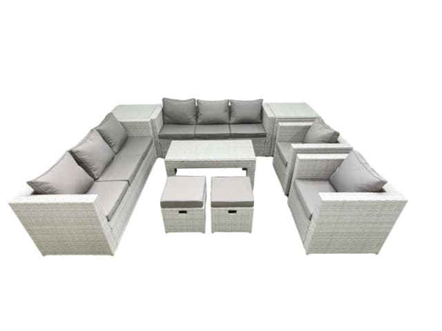 Fimous Outdoor Garden Furniture Rattan Sofa Set with 2 Armchairs Oblong Coffee Table 2 Small Footstools 2 Side Tables Light Grey Mixed Light Grey
