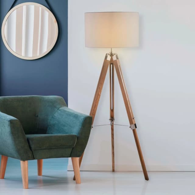 Lighting Collection Light Wood Base Floor Lamp With Cream Linen Shade Natural unisex One Size