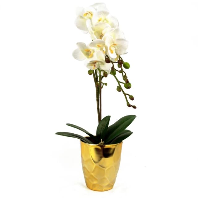 Leaf 54cm Artificial Orchid Plant - White with Gold Pot White unisex