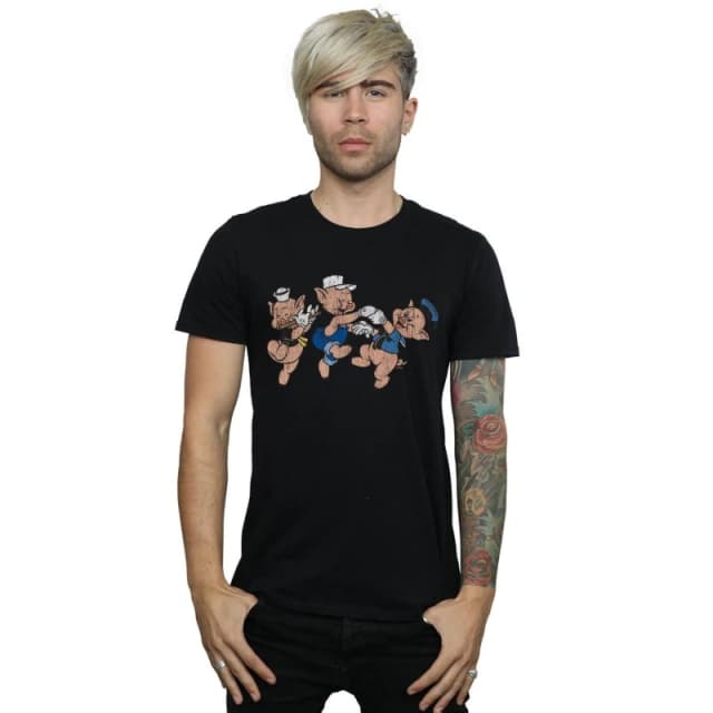 Disney Men Three Little Pigs Having Fun T-Shirt in Black Size: Small Black S Male 5059308873170