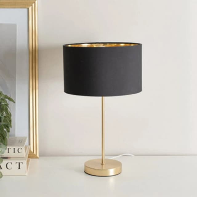 ValueLights ValueLights Charlie Gold Stem Table Lamp with Fabric Drum with Gold Inner Lamp Shade & Bulb in Black One Size Unisex 5059406060779