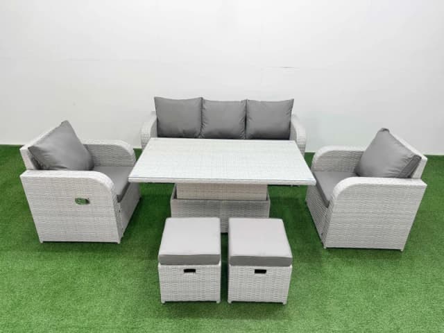 Fimous PE Rattan Garden Furniture Set Reclining Chair Sofa Lounge Sofa Set Adjustable Lifting Dining or Coffee Table 2 Small Stools Light Grey Light G