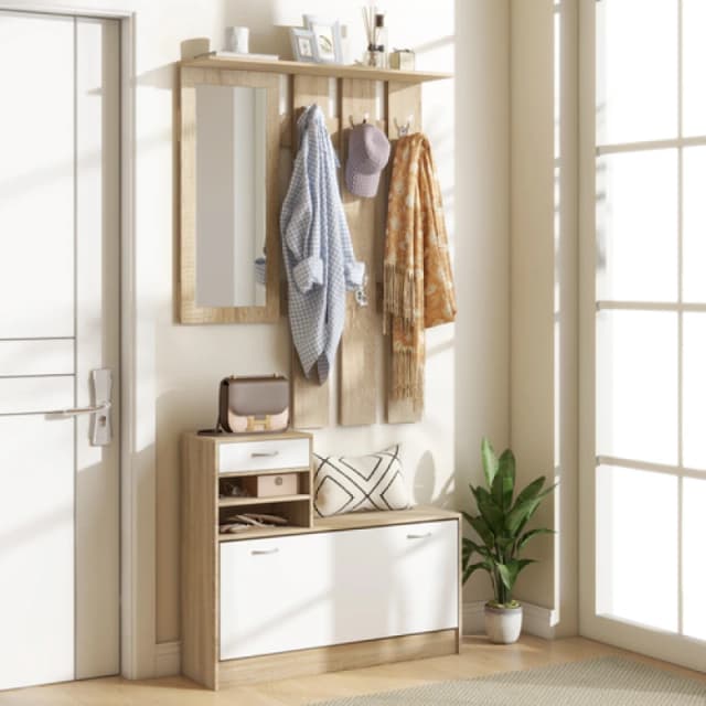 HOMCOM HOMCOM Hallway Furniture Set with Shoe Cabinet, Coat Rack and Mirror in Natural Natural One Size Unisex 5063603033108
