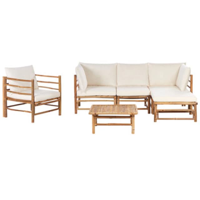 Beliani Garden Lounge Set With Table 5 Seater Cerreto Left Hand Bamboo Wood Off-White