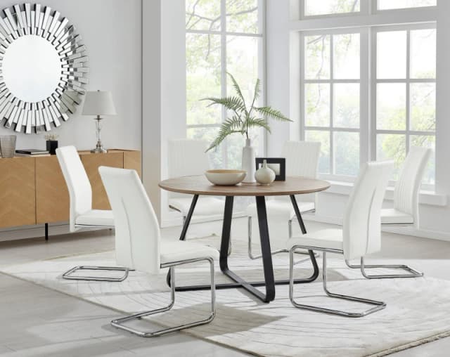 FurnitureboxUK FurnitureboxUK Santorini Brown Wood Effect Dining Table & 6 Black Lorenzo Chairs in Off White Off White One Size Unisex 5056657124175
