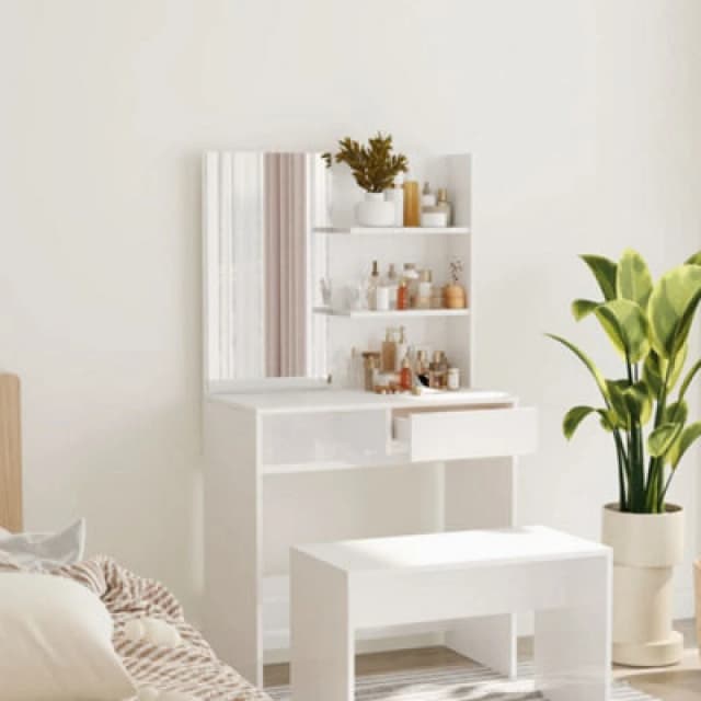 Vidaxl Dressing Table With Mirror High Gloss White 74.5X40X141 Cm, White 802810
