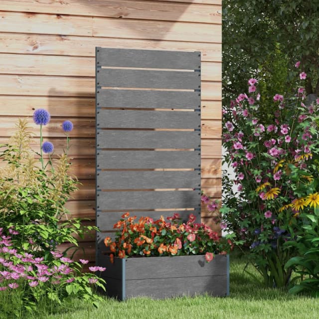 Outsunny Raised Garden Bed with Trellis and Drainage Hole, Planter Box Grey - Dark Grey - Outsunny 5056725396886