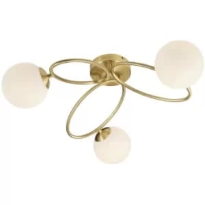 Endon Ellipse Semi Flush 3 Light Lamp Satin Brass, Opal Glass Globe