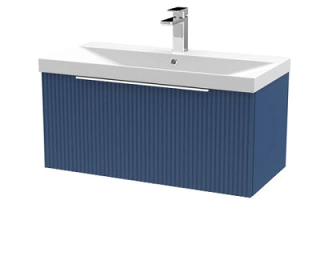 HUDSON REED Hudson Reed - Fluted Satin Blue 800mm Wall Hung Single Drawer Vanity Unit and Thin Edge Ceramic Basin - DFF396D DFF396D