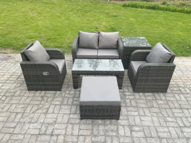 Fimous Rattan Lounge Sofa Set Outdoor Garden Furniture Set with Rectangular Coffee Table Big Footstool Love Sofa Side Table Dark Grey