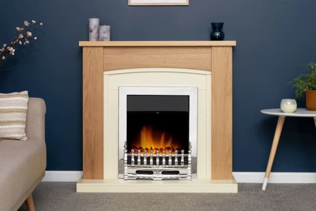Adam Fires & Fireplaces Chilton Fireplace in Oak & Cream with Blenheim Electric Fire in Chrome, 39" Grey