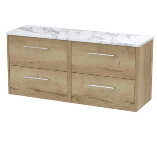 Nuie Hudson Reed Juno Wall Hung 4-Drawer Vanity Unit & Carrera Marble Worktop, Countertop Basin Unit In Autumn Oak, 1200mm