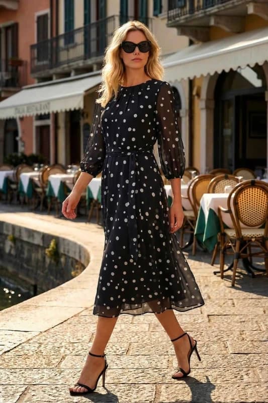 Roman Womens Polka Dot Pleat Neck Midi Dress in Black Size: 14 Black Female 14