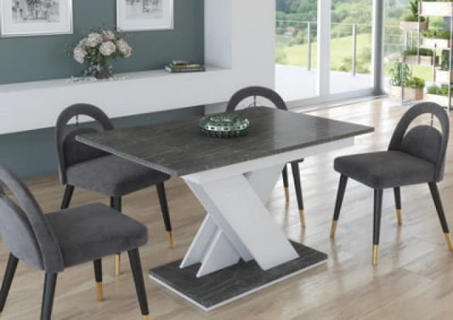 Furneo Modern Dining Table Only Extendable 120-160Cm Grey Marble Effect Tavolo 02 Mdf