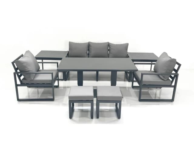 Fimous Outdoor Aluminium Garden Furniture Set w/ Adjustable Rising Lifting Dining Table 3 Seater Sofa 2 Chair 2 Small Footstools 2 Side Tables Dark Da