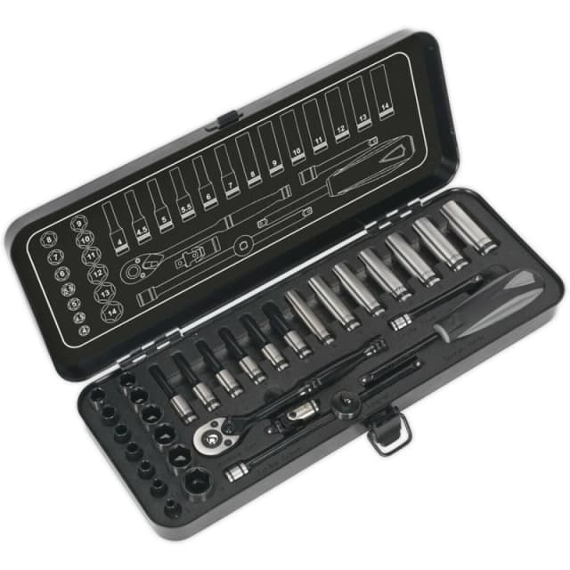 Loops 32pc BLACK SERIES Deep Socket & Ratchet Handle Set -1/4" Sq Drive 6 Point Metric Black