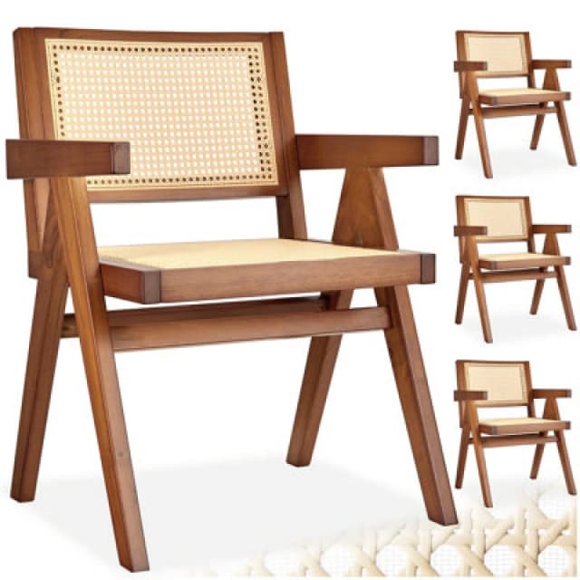 Tectake Set Of 4 Dining Chair Lizzy With Mid-Century Modern Design, Rattan Backrest And Solid Wood Frame - Dark Oak