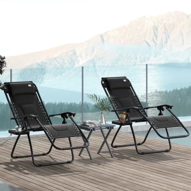 Outsunny 2 Pcs Zero Gravity Lounger Folding Recliner Chair w/ Cup Holder True Black